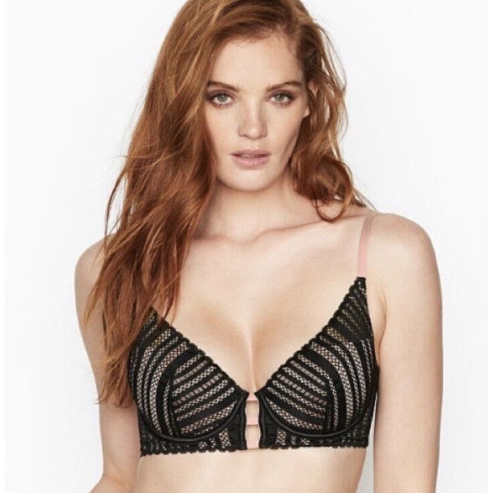 Victoria’s Secret Luxe Black & Pink Lightly  Lined Plunged Underwire Bra 36DD